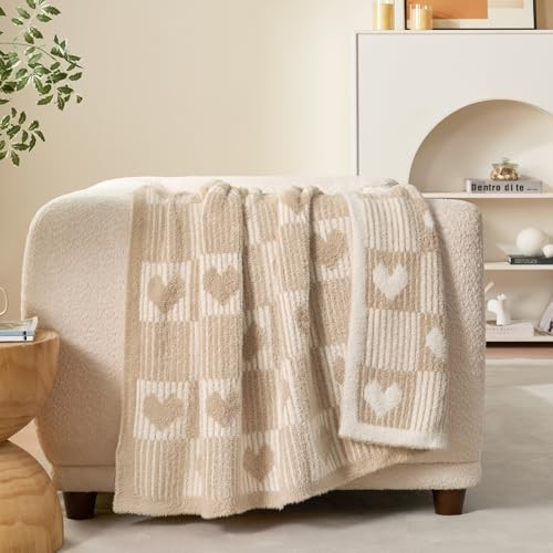  Heart Checkered Throw Blanket for Women,Love Throw(50"x60") Beige Heart