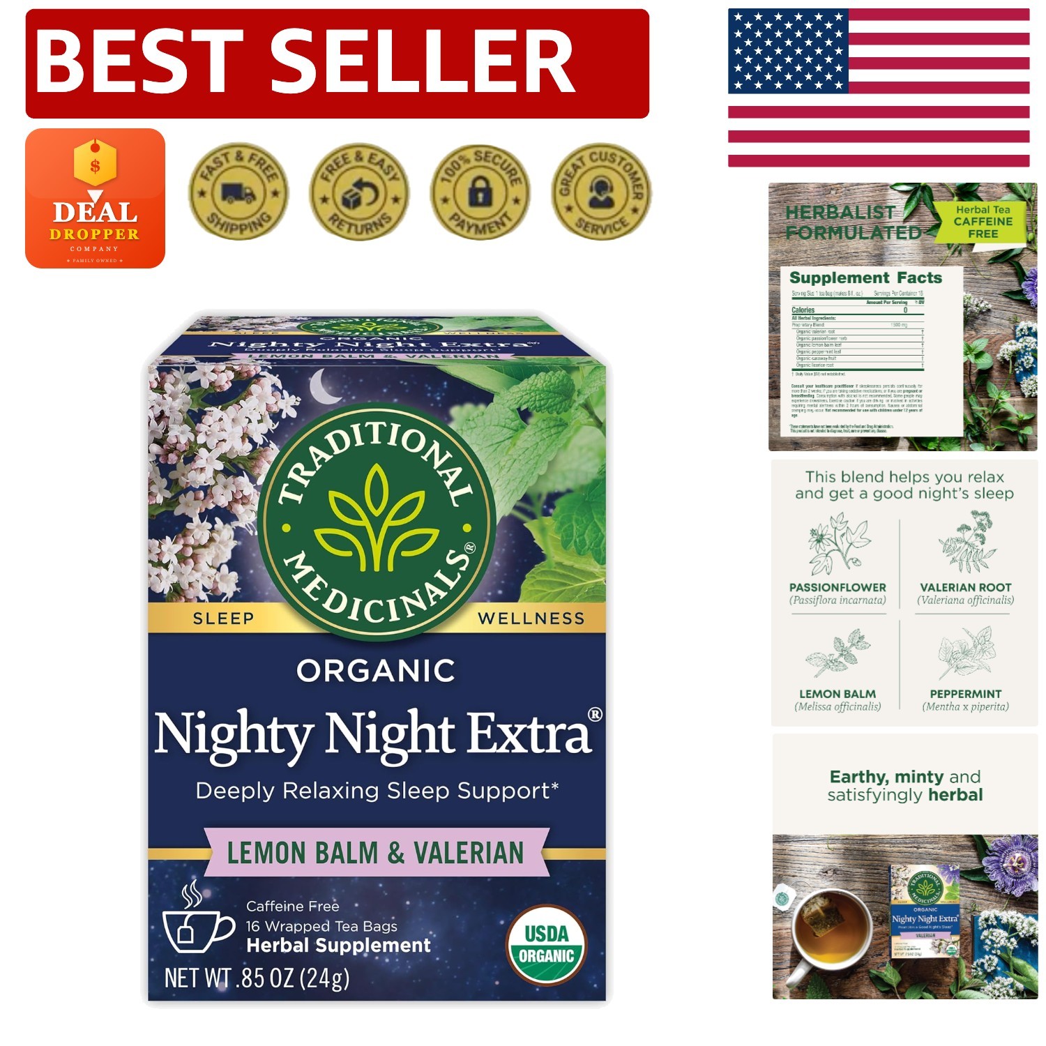 Organic Nighty Night Extra Herbal Tea with Valerian Root - 16 Caffeine-Free Bags