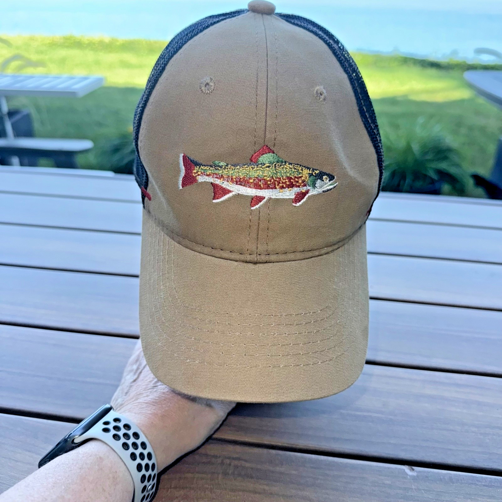 Trout Colorful Embroidered on Tan Fabric Navy Mesh Trucker Hat SnapBack EUC