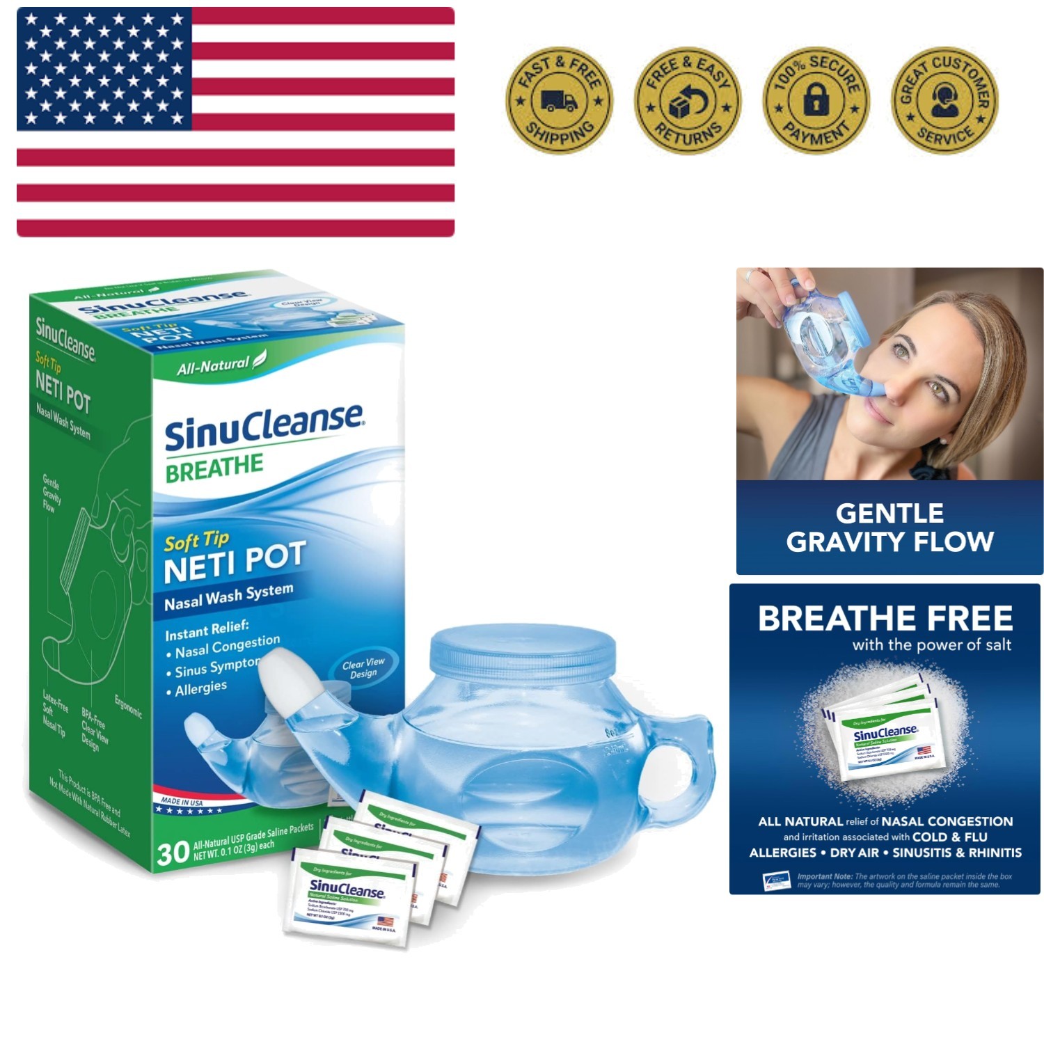 Soft Tip Neti Pot Nasal Wash System, Relieves Nasal Congestion Due to Cold & ...