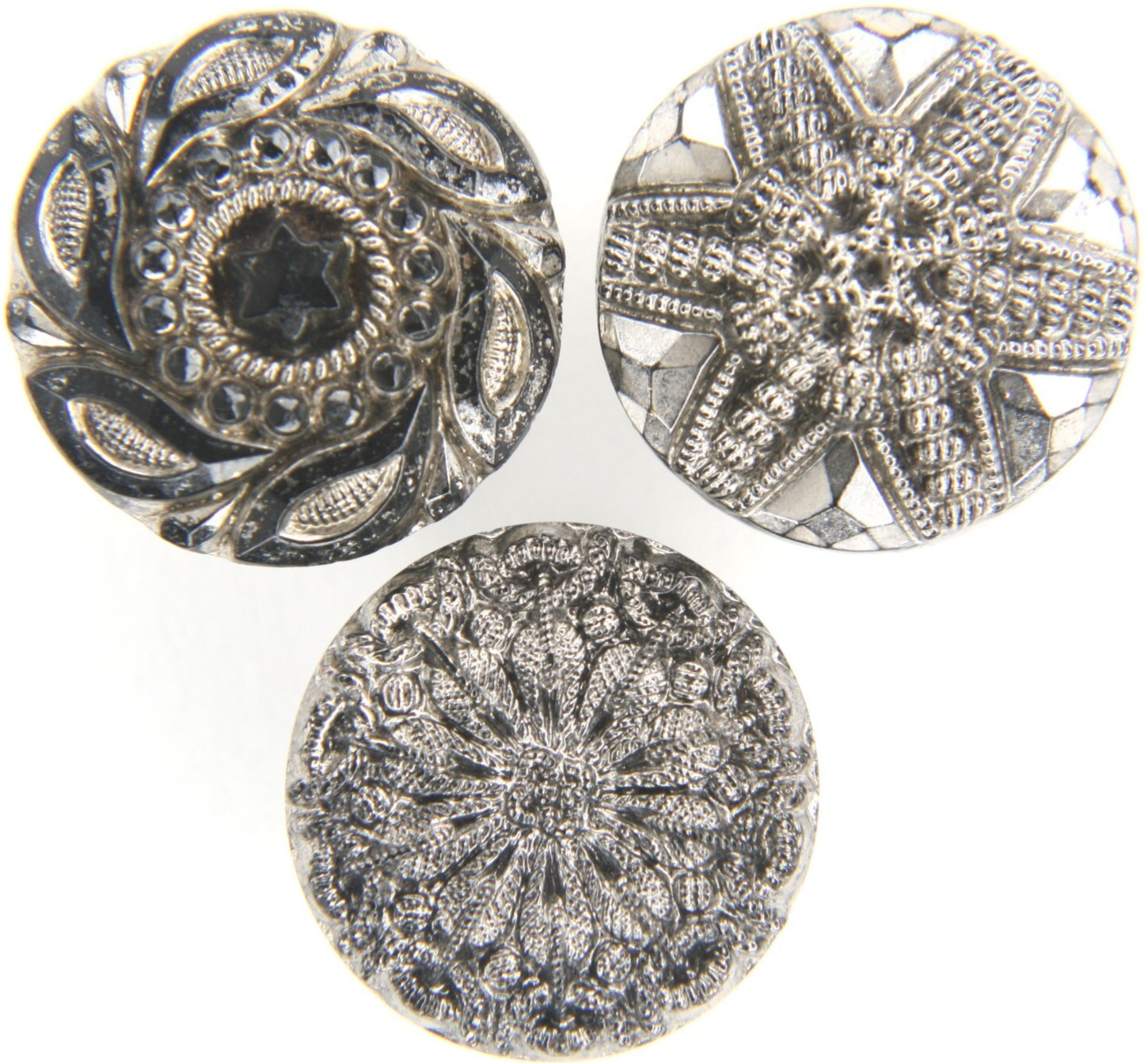 1890s ATQ Victorian Glass Silver Luster Lacy Starburst Floral Star Button LOT