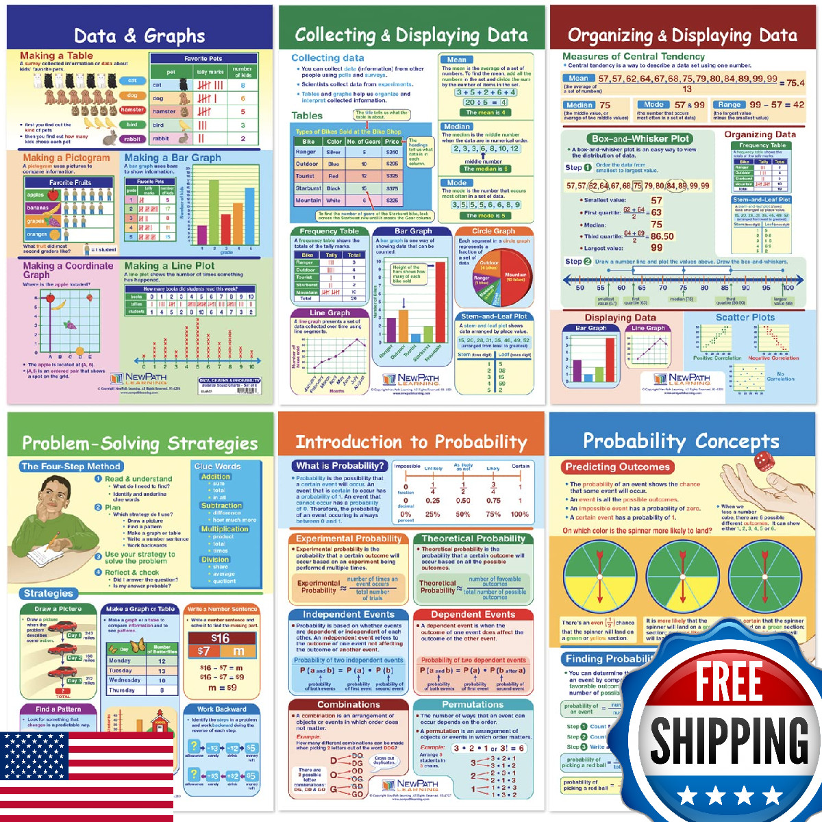 NewPath Learning Math Bulletin Board Chart Set: Data, Graphs, Probability (6-Pac