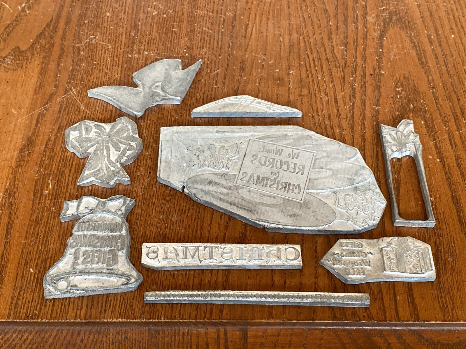 Vtg Christmas Holiday Gift Bow Metal Print Letterpress Ink Press Plates Lot Of 9