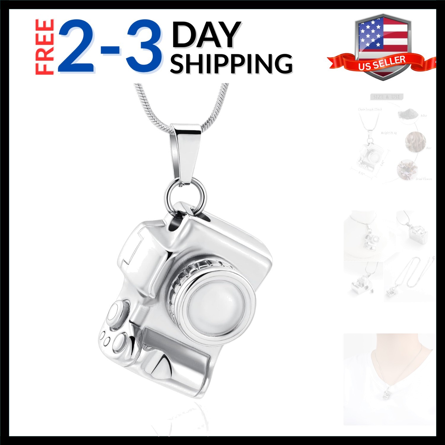 Camera Cremation Jewelry Urn Necklace for Ashes Stainless Steel Memorial Pend...