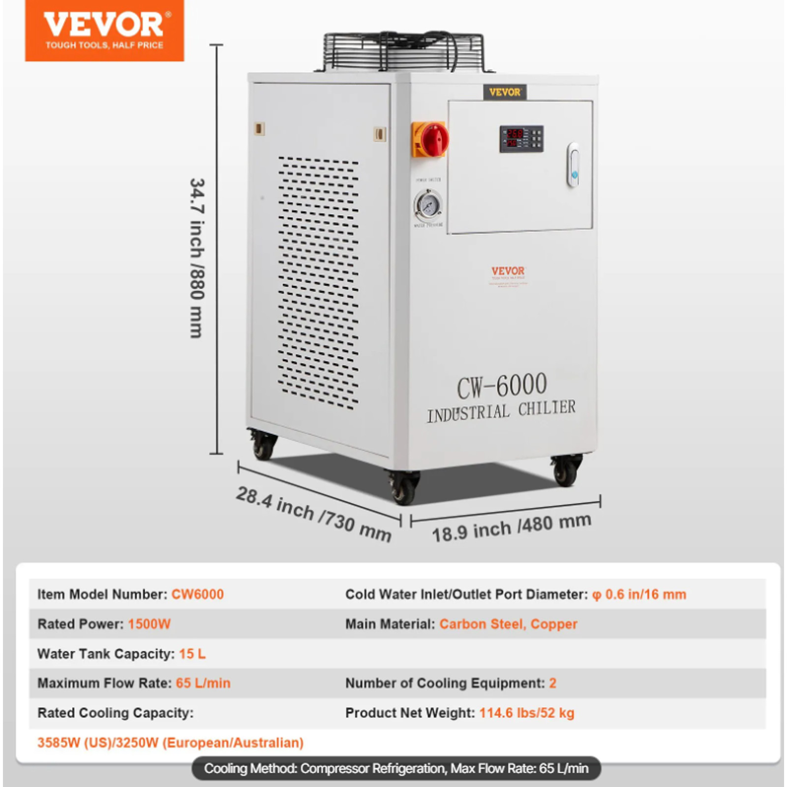 VEVOR Industrial Water Chiller, CW6000, 1500W Cooling System
