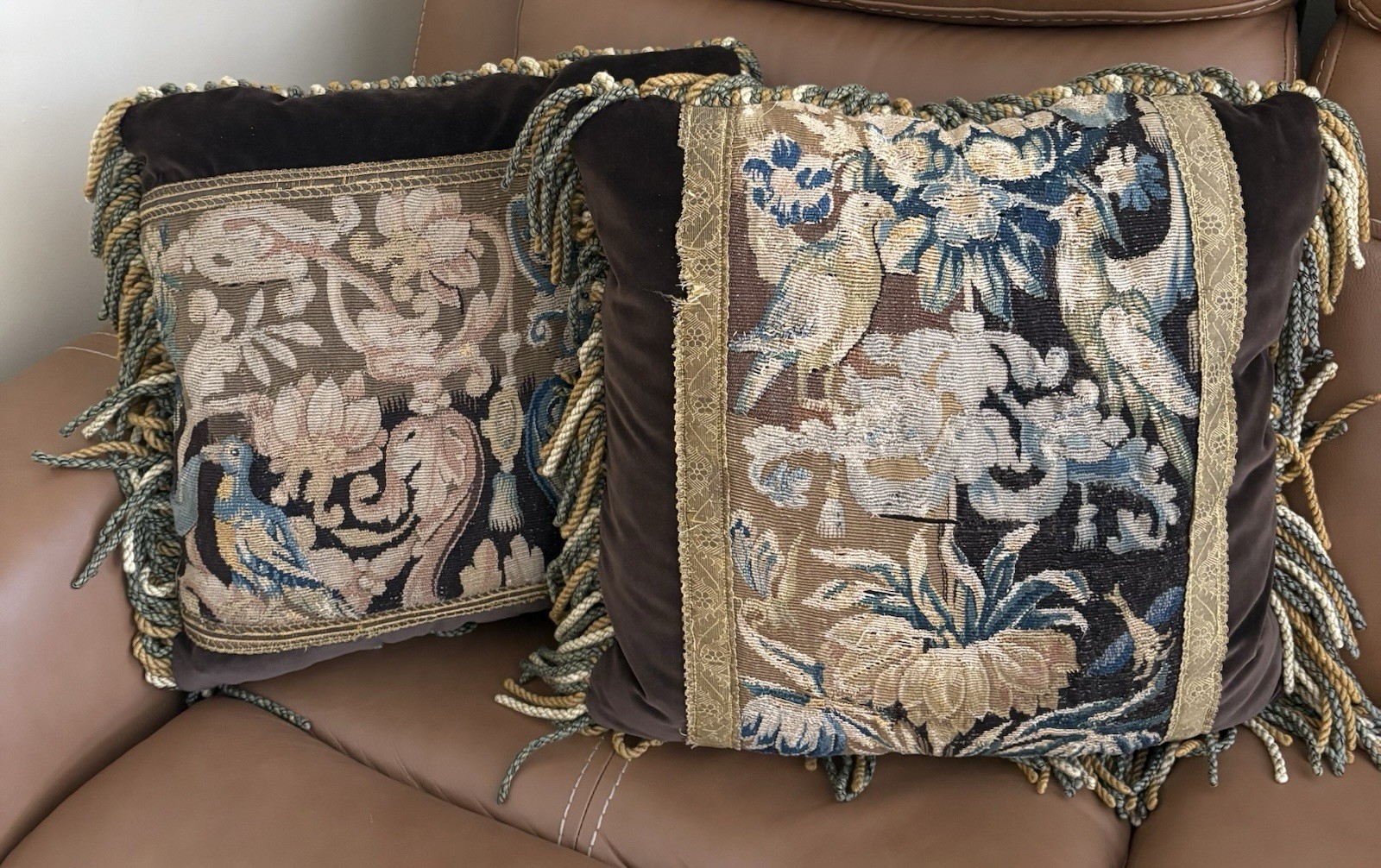 Antique 17-18th C. French  Tapestry Throw Pillows, Beautiful Tassels, Set Of 2!