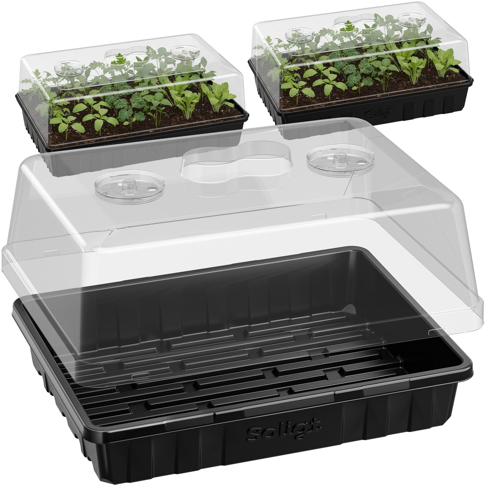 SOLIGT Thick Plastic 3Set Strong Seed Starter Trays with 5" Humidity Domes fo...