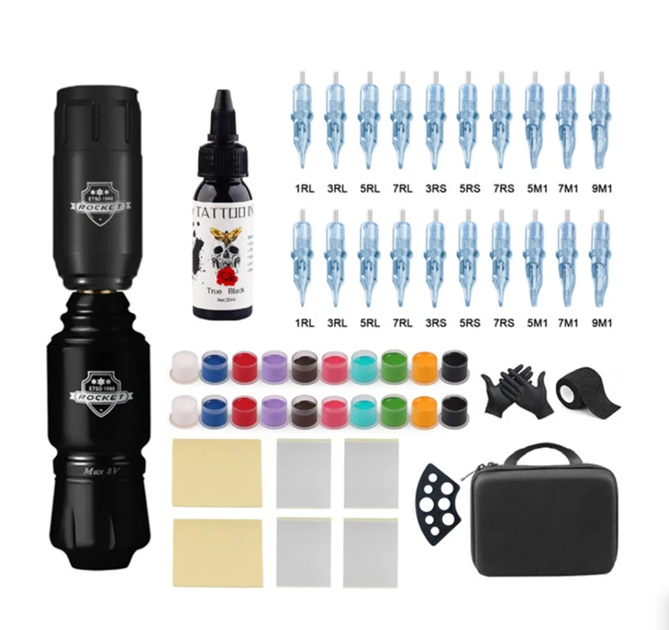 Wireless Rotary Tattoo Pen Machine Complete Kit with Ink Needles Transfer Paper