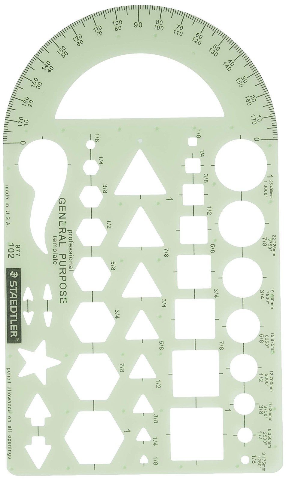 Staedtler Template, Geometric Shapes/Symbols, Protractor, Inch Scale, 9.5 x 5...