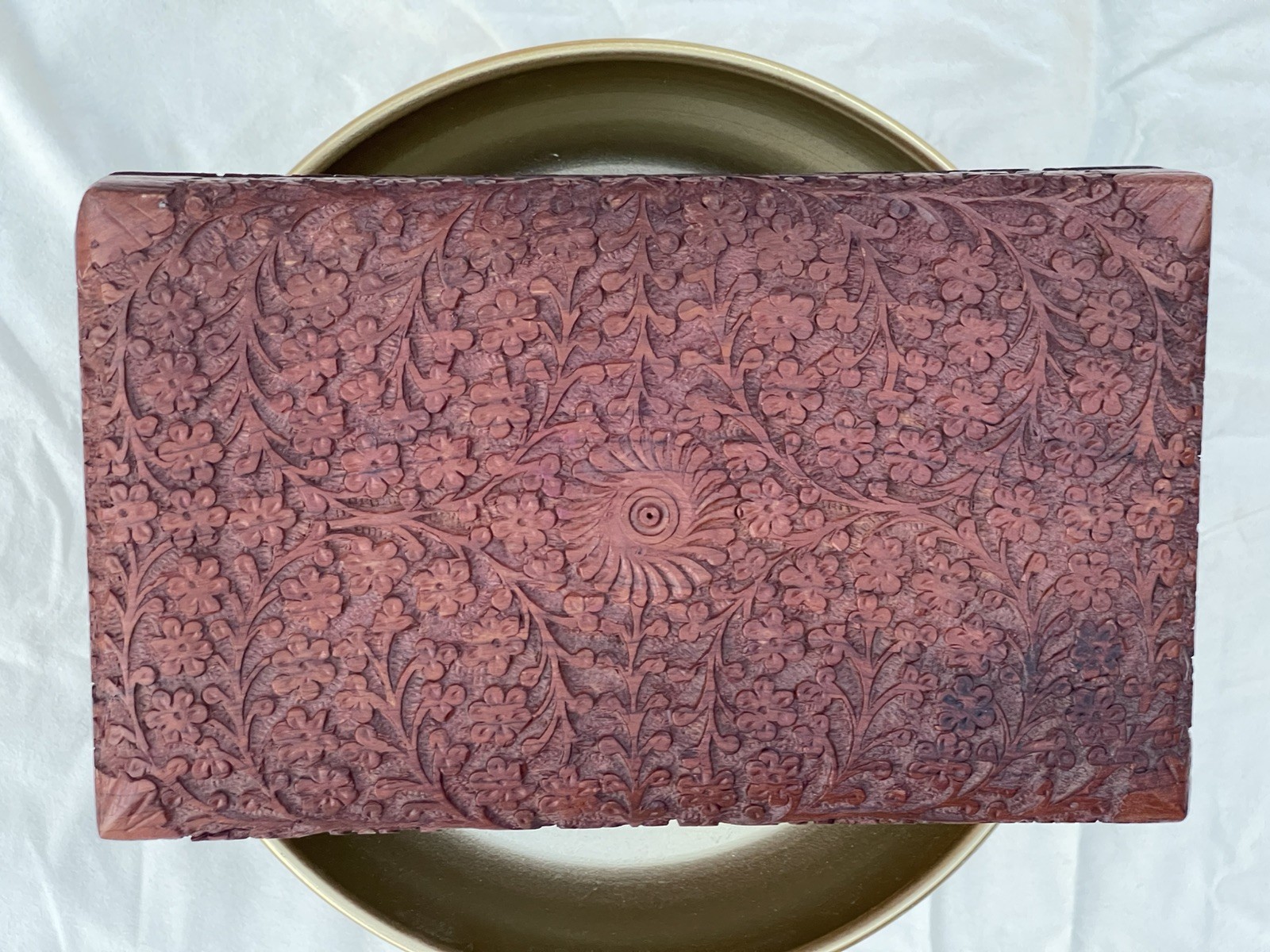 Vintage Hand-Carved Wooden Jewellery Storage Box With Red Felt Interior