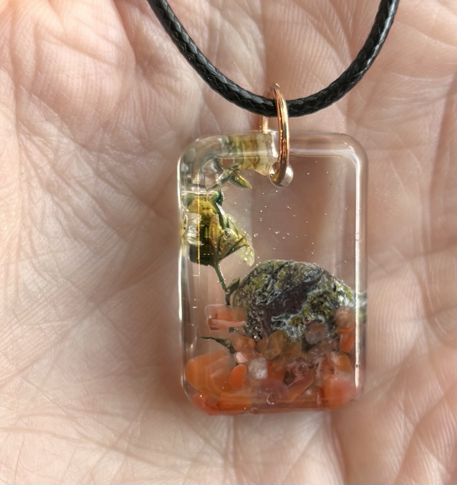 Handmade Resin Healing Necklace W/bloodstone Carnelian & Flowers Gift Bag 