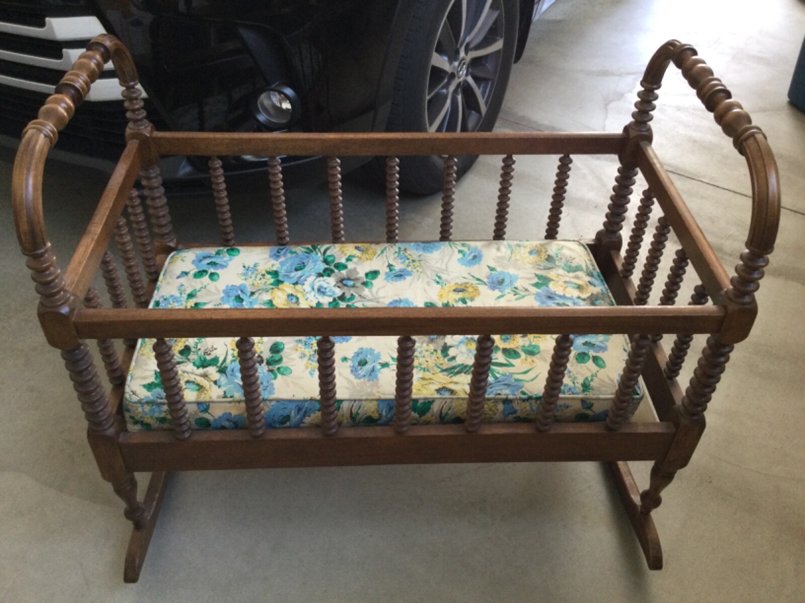 Antique Baby Cradle Spindle Bed 36x20", 30"H Walnut (?) Beautiful