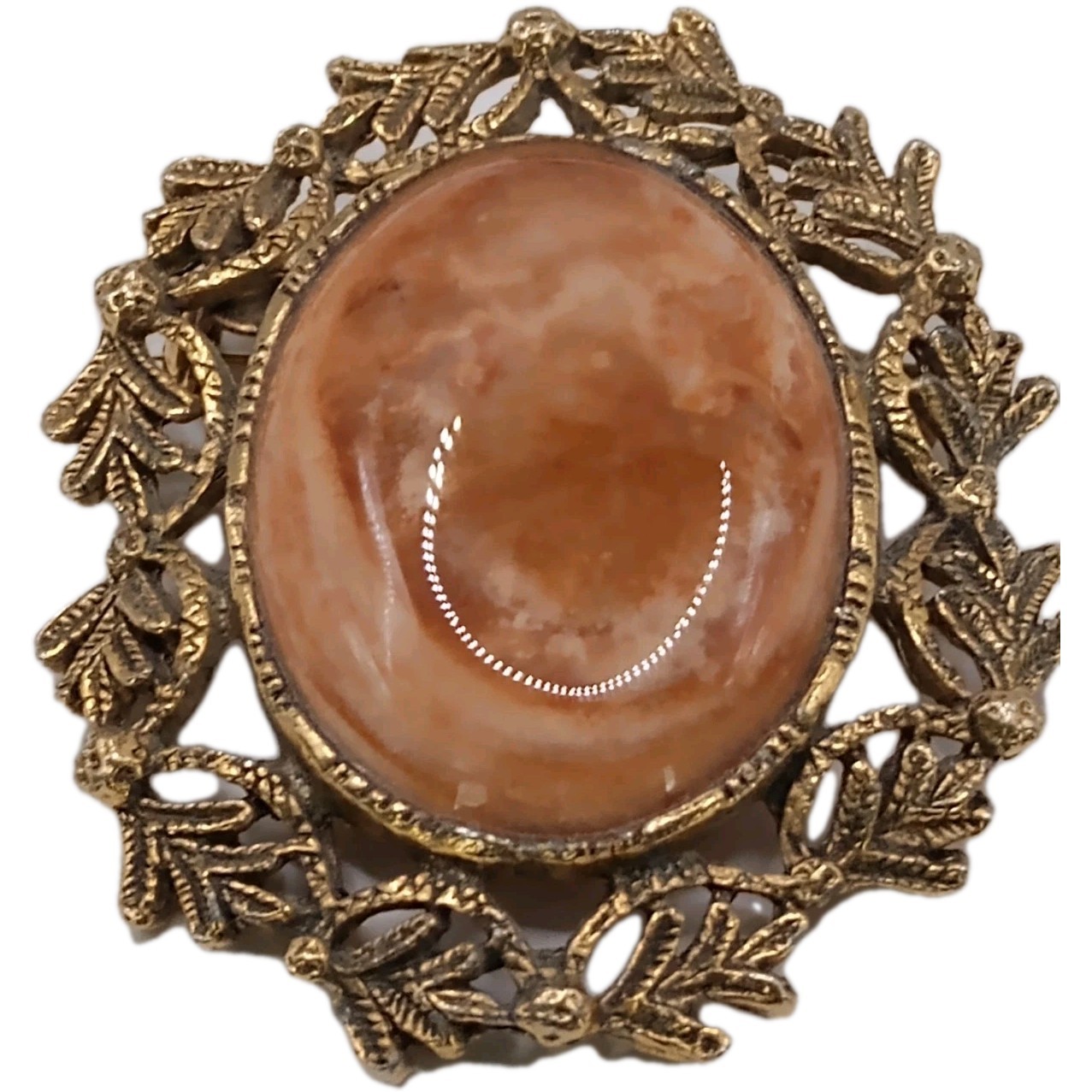 Vintage Orange Brown Stone Cabochon Brooch Pendant Ornate GT Frame 2 1/2 by 2 in