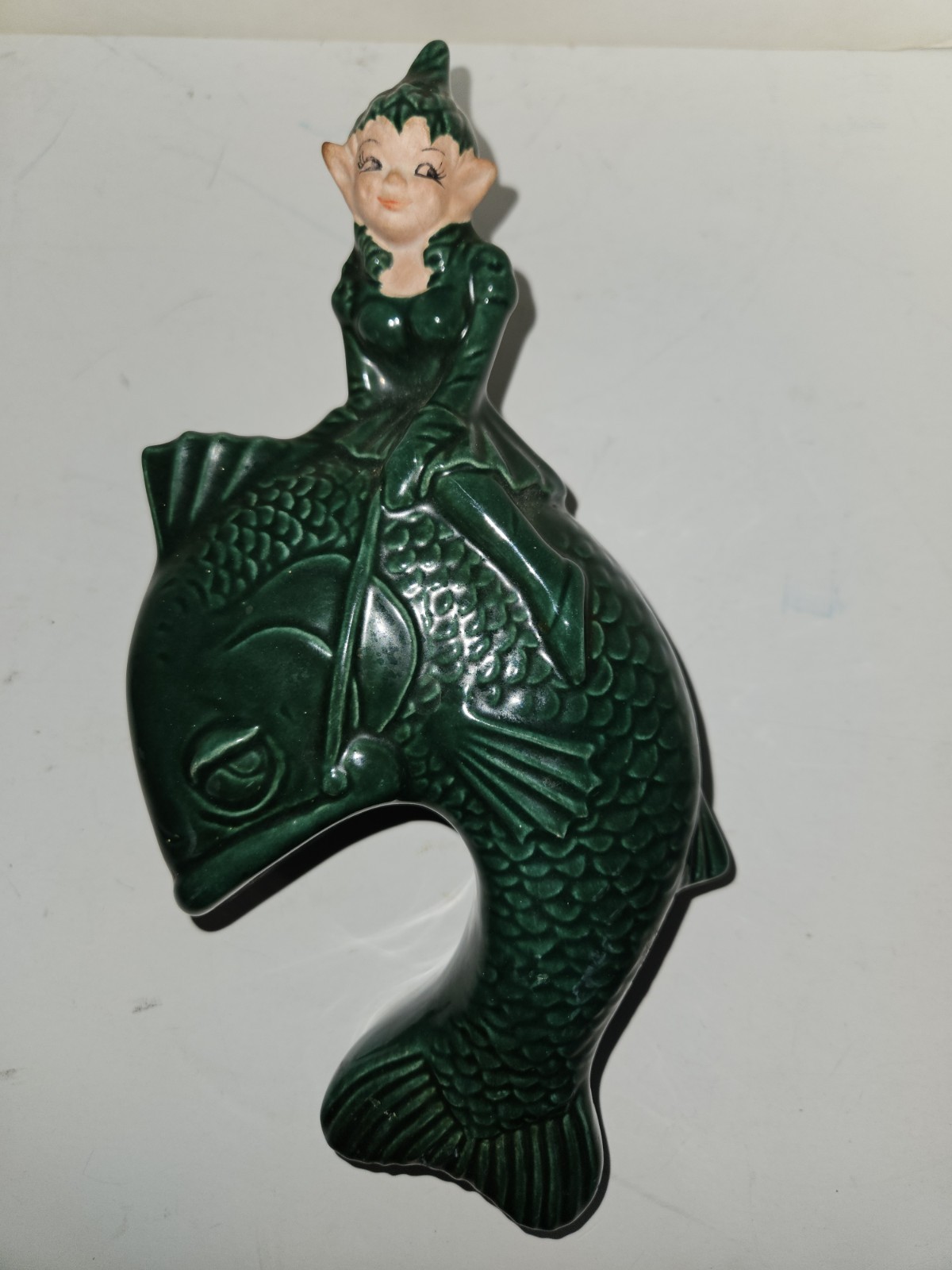 Vintage MCM Gilner Pixie Wall Pocket with Pixie Riding Fish Green Fish