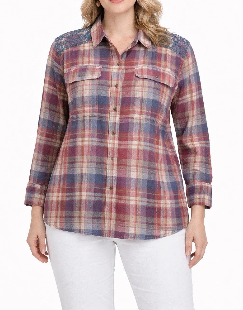 Chaps Womens Blouse Plaid Flannel Shirt Top with Embroidered Detail Size PXL