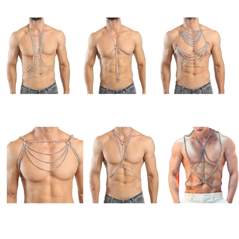 Men Body Chain, Sexy Punk Body Chain Chest Harness Chains Clubwear Costumes