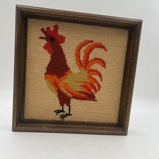 Vintage Cross Stitched Needlepoint Framed Wall Hanging Farmhouse Rooster 11x11