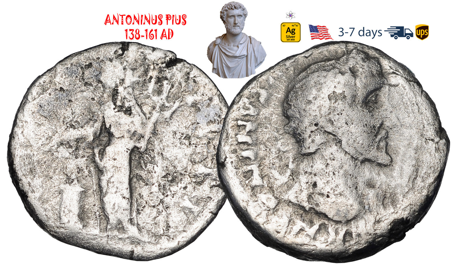 Ancient Roman Empire Coin Silver Denarius ANTONINUS PIUS 138-161 AD #32361