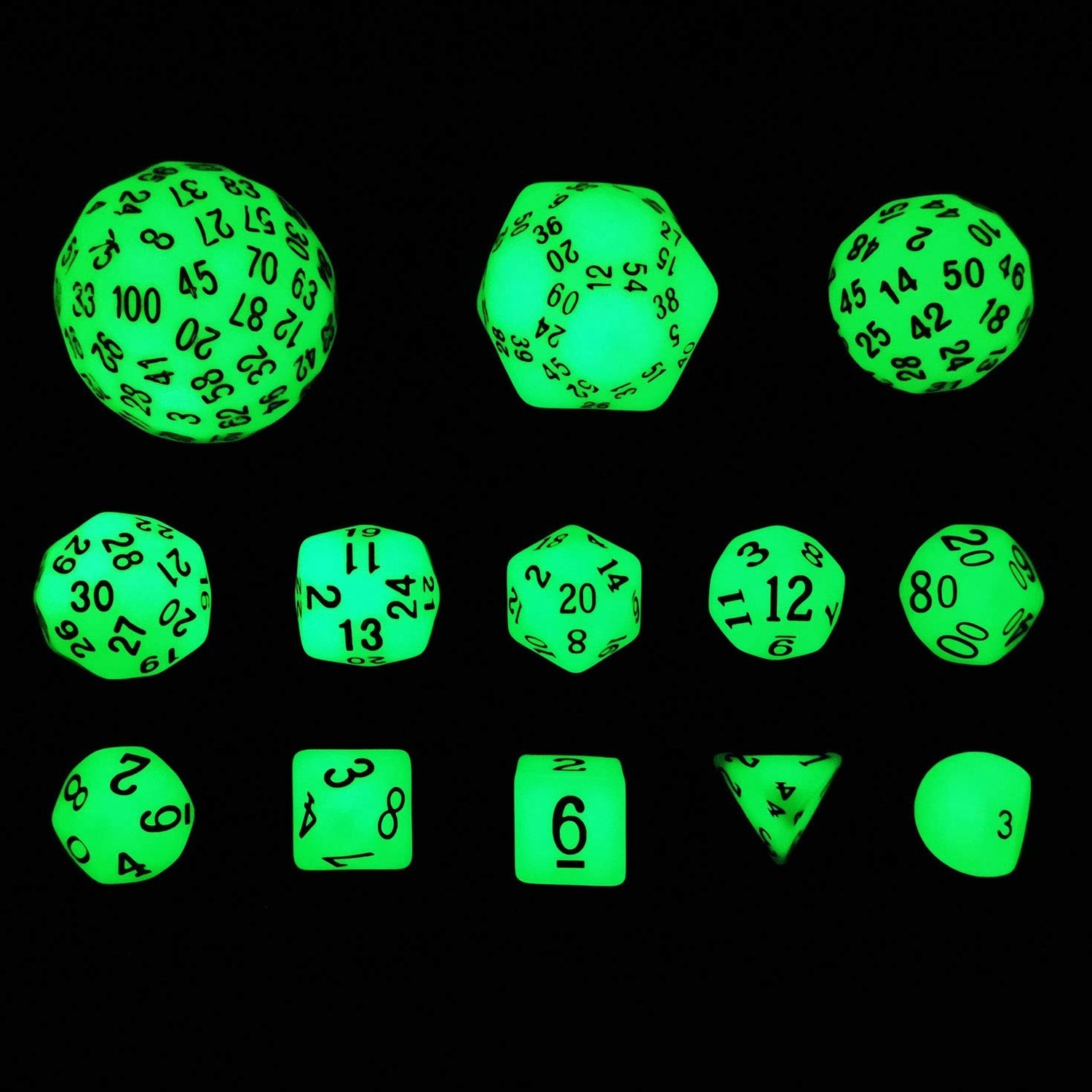 Bescon Super Glowing in Dark Complete Polyhedral RPG Dice Set 13pcs D3-D100, ...