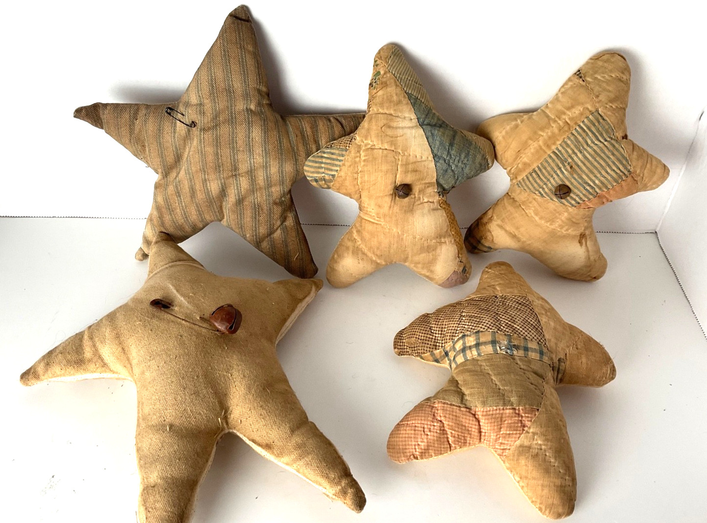 Handmade 5 Primitive Stars Made From Old Quilt Coffee Stained Pre Owned