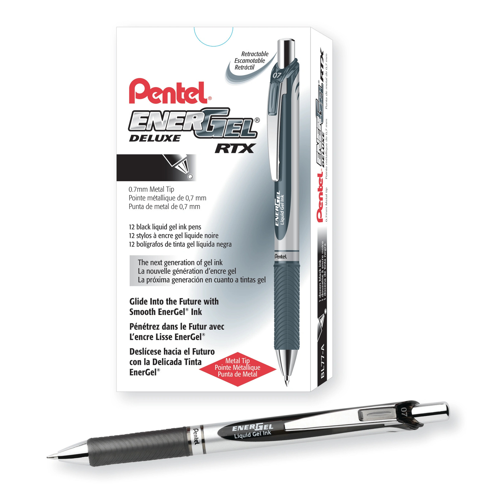 Gel Pen, Retractable,Metal Tip,0.7mm,12/DZ,Black Barrel/Ink