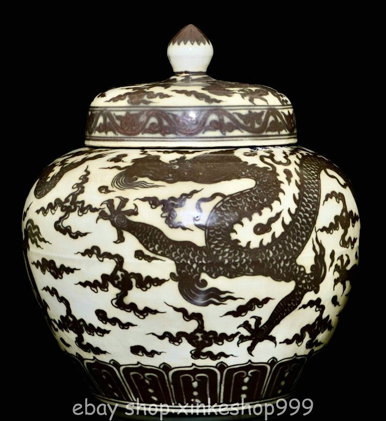 14.8" Ming Jiajing Marked Chinese Underglaze red Porcelain Dragon cover jar pot