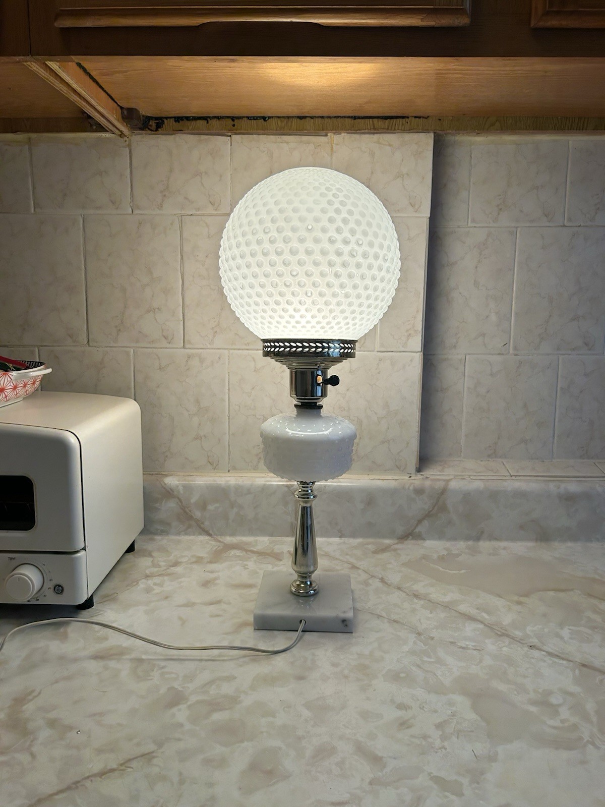 White Hobnail Glass Table Lamp with Marble Base, Globe Shade, Glossy Finish