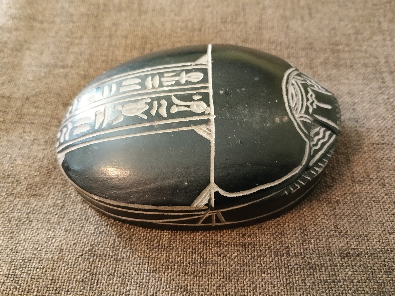 Vintage Egyptian Hand Carved Soapstone Scarab Beetle W/ Hieroglyphs 