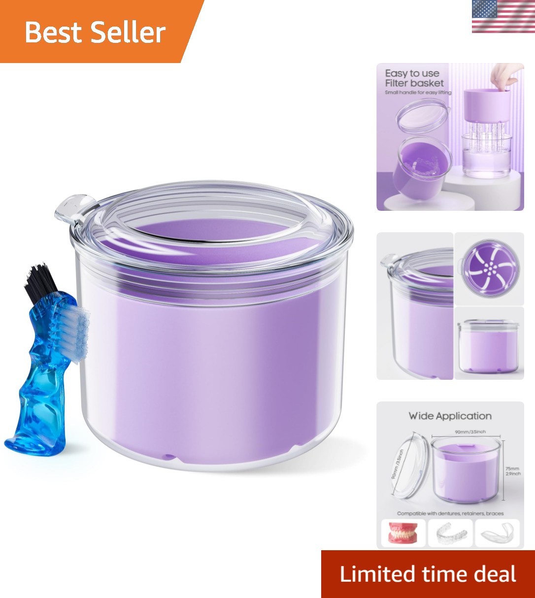 Denture Bath Cup with Cleaning Brush, Large Soaking Container with Strainer B...