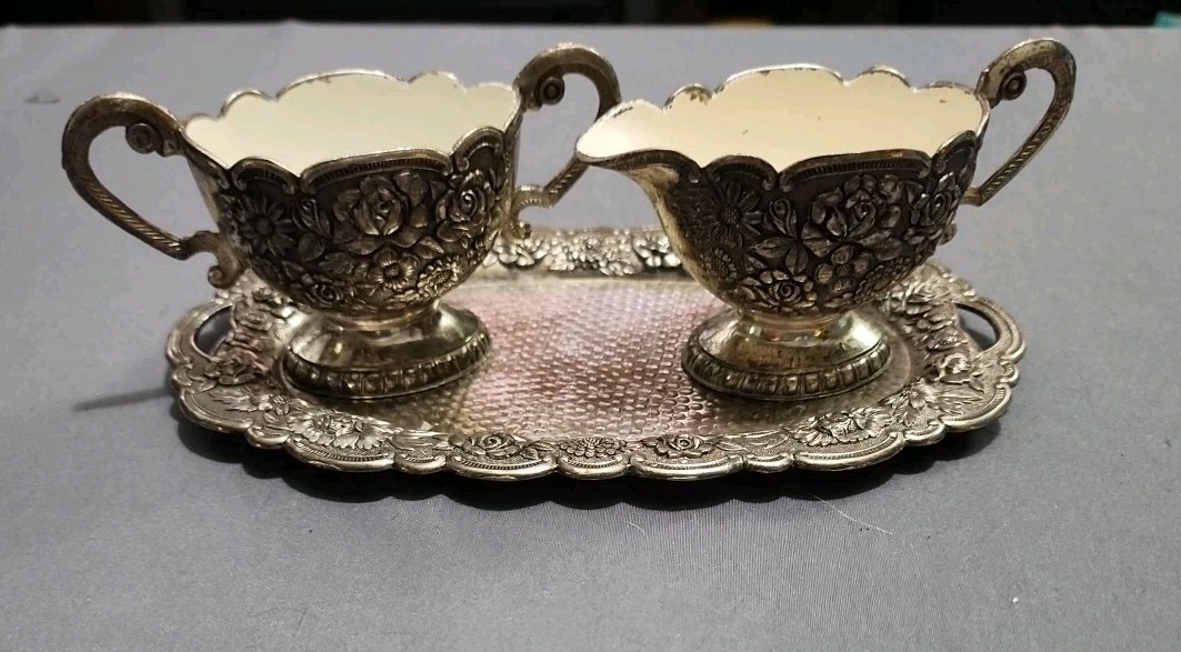Vintage Silver Plated Creamer Sugar Bowl Set Ornate Floral Tray England Tea Set