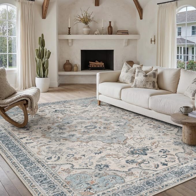 Blue 8x10 Area Rug for Living Room Vintage Machine Washable Large Rug Non-Slip 