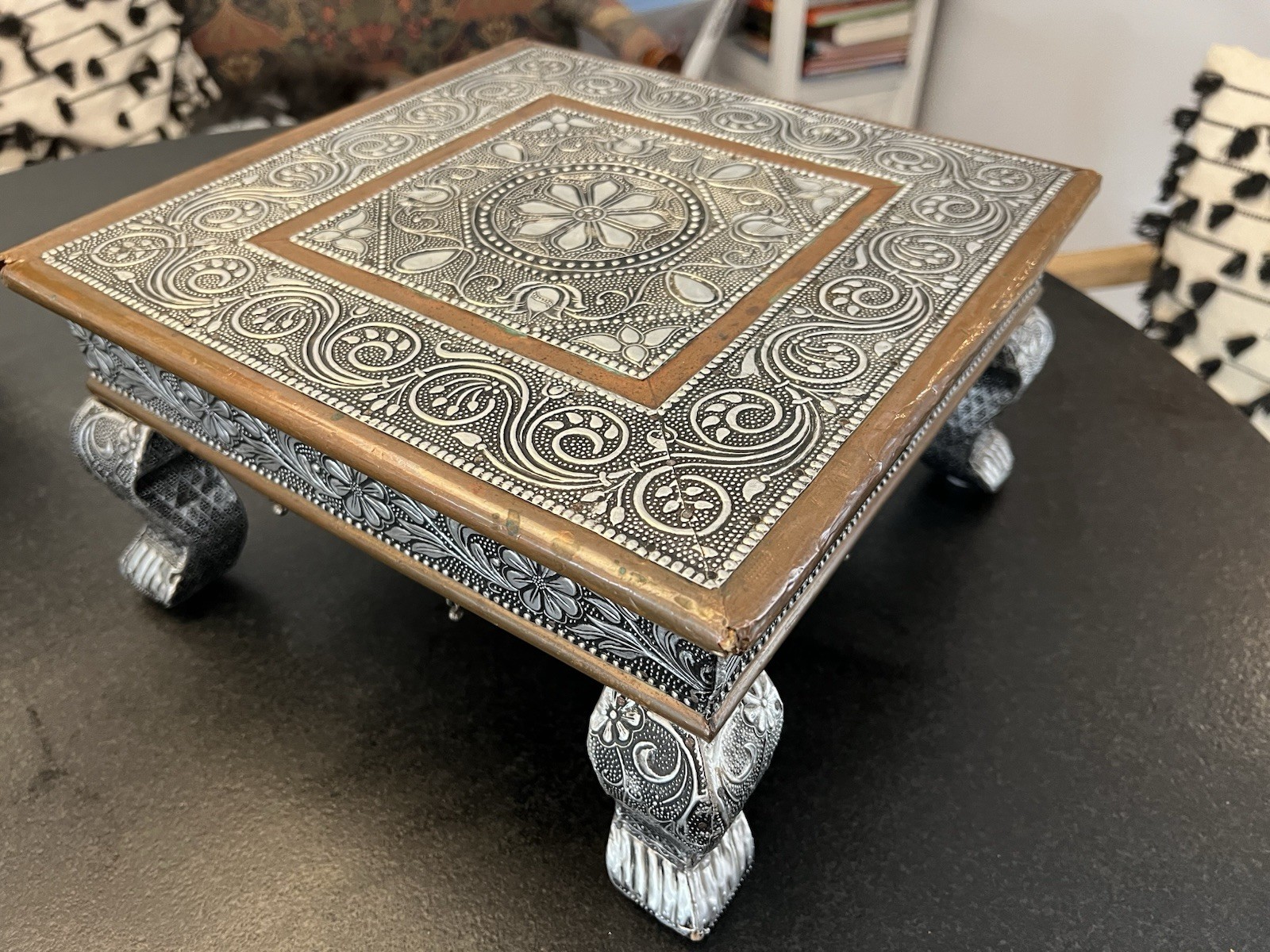 Traditional Indian Bajot / Chowki Handmade Wooden Puja Stool, Oxidized, 12×12 in