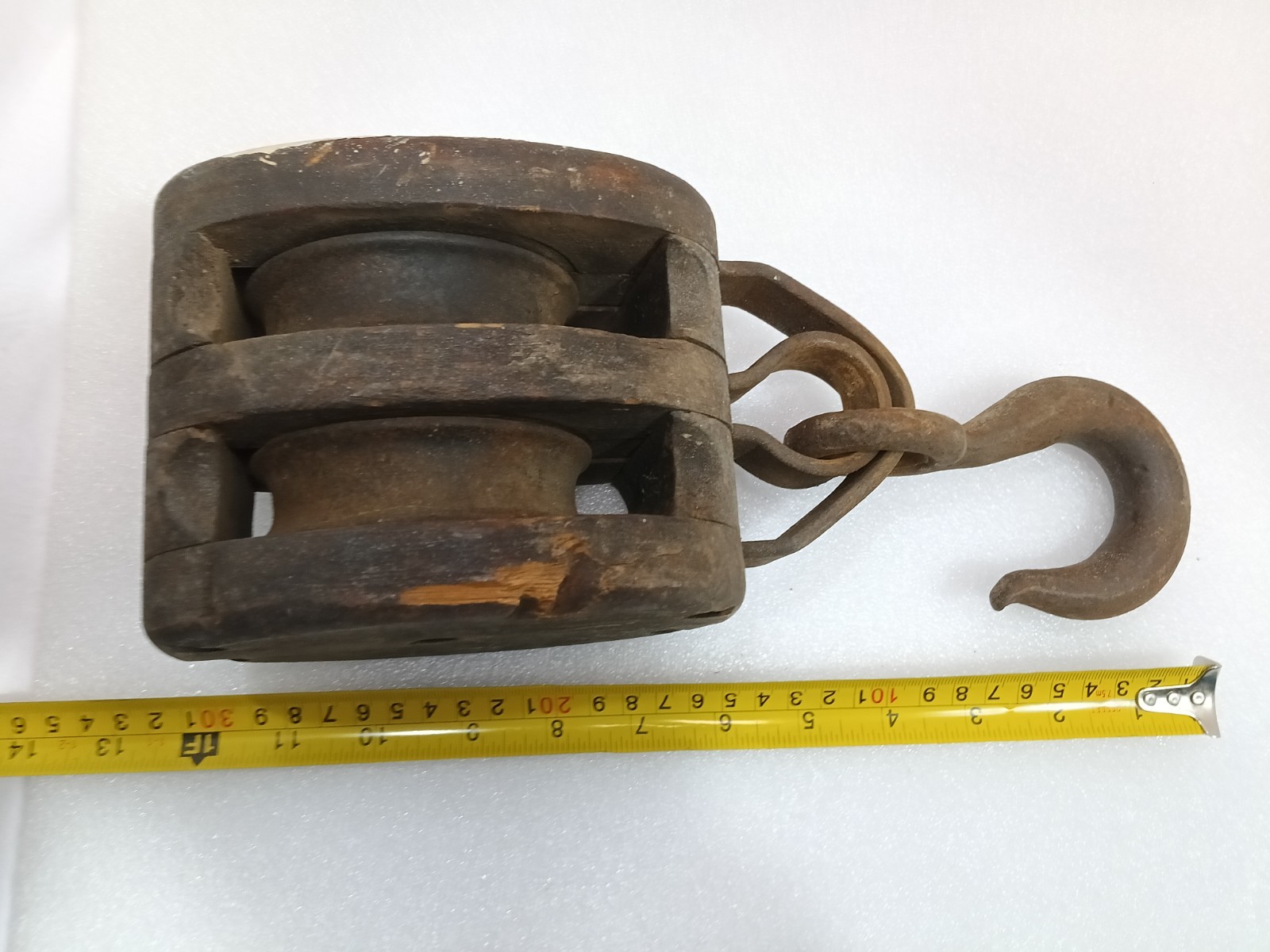 Antique Small Double Pulley Block & Tackle w/ Hook, Steampunk, Vintage, Rustic