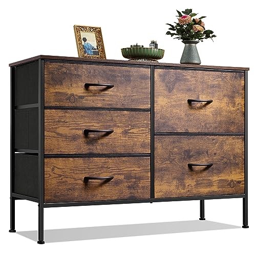  Dresser for Bedroom with 5 Drawers, Wide Chest Rustic Brown Wood Grain Print