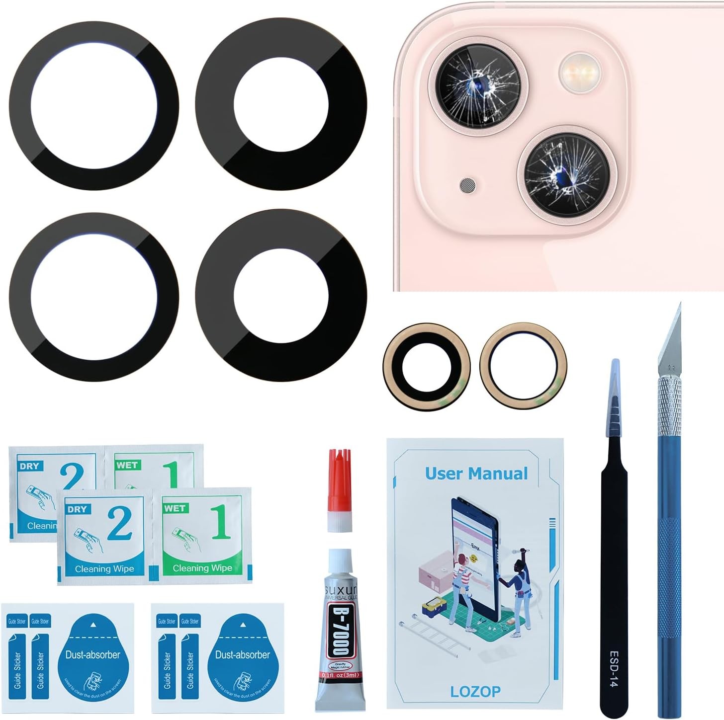 2 Sets Rear Camera Lens Glass Replacement with Adhesive Pre Installed