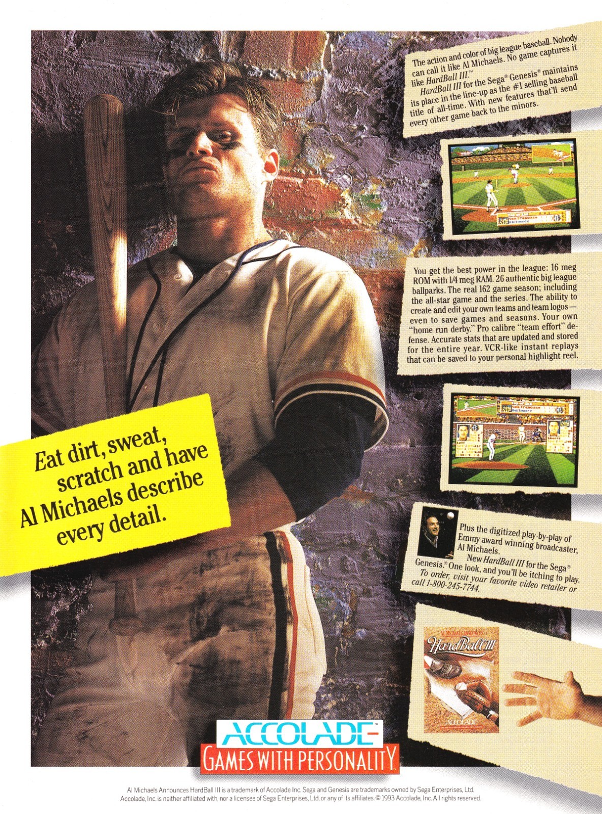 HARDBALL III-ACCOLADE SEGA GENESIS VIDEO GAME~1993 PROMO PRINT AD POSTER PINUP