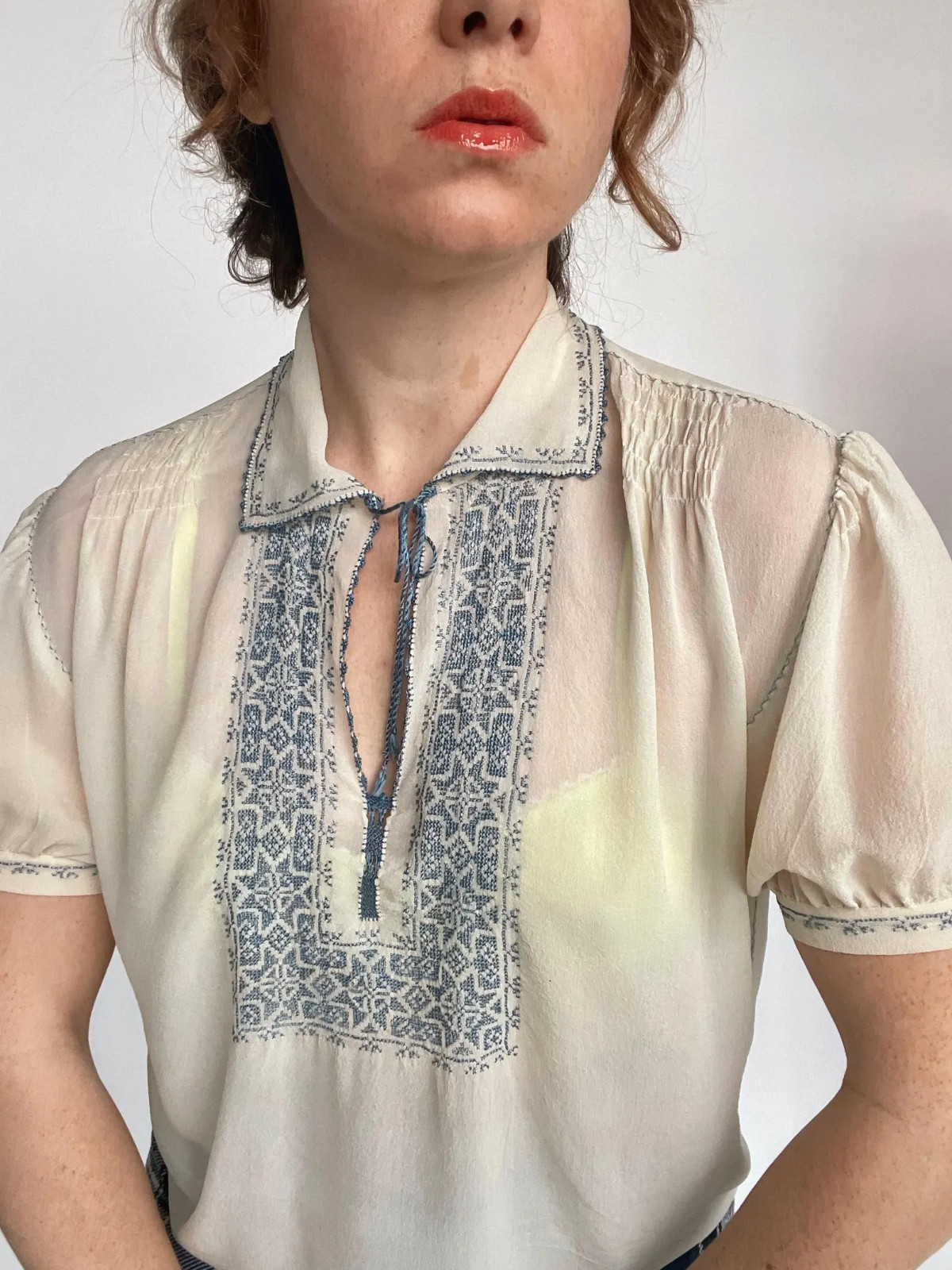 1930s Blouse Embroidered Sheer Silk Chiffon Peasant Top S