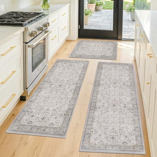  Vintage Distressed Kitchen Rug Set, Non Slip Washable Soft Floor Mat for Sink 