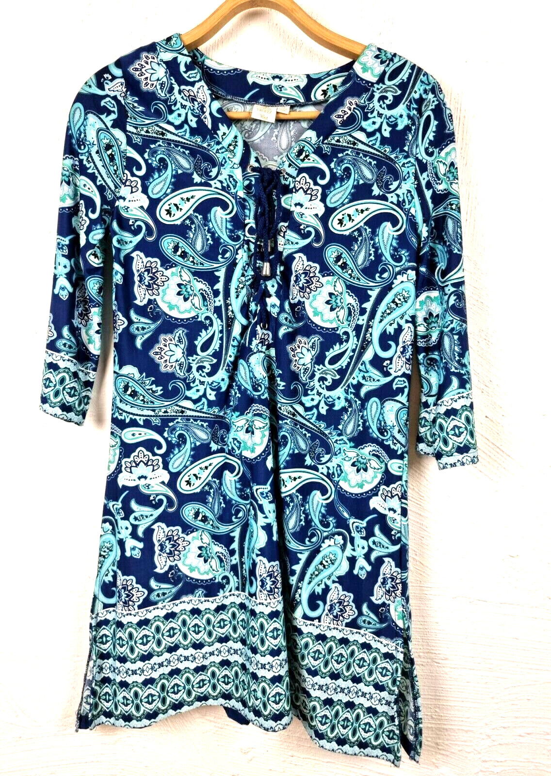 SAINT TROPEZ WEST Dress Size XS Blue/Aqua Paisley Stretch Knit 3/4 Sleeve A-line