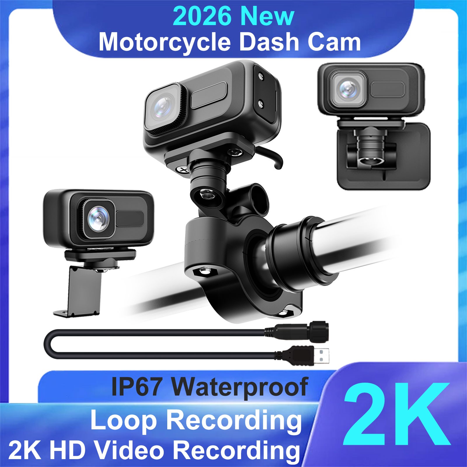 Bicycle Recorder Motorcycle Dash Cam 2K HD 140° Wide Angle WiFi APP 64GB SD Card