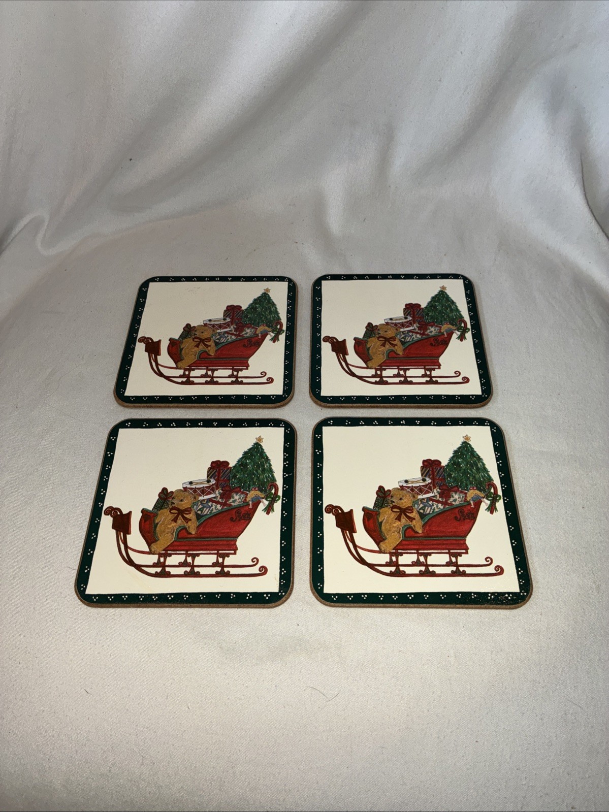 Pimpernel Christmas Coasters Set of 4 “Santas Sleigh” Cork Back  England VTG