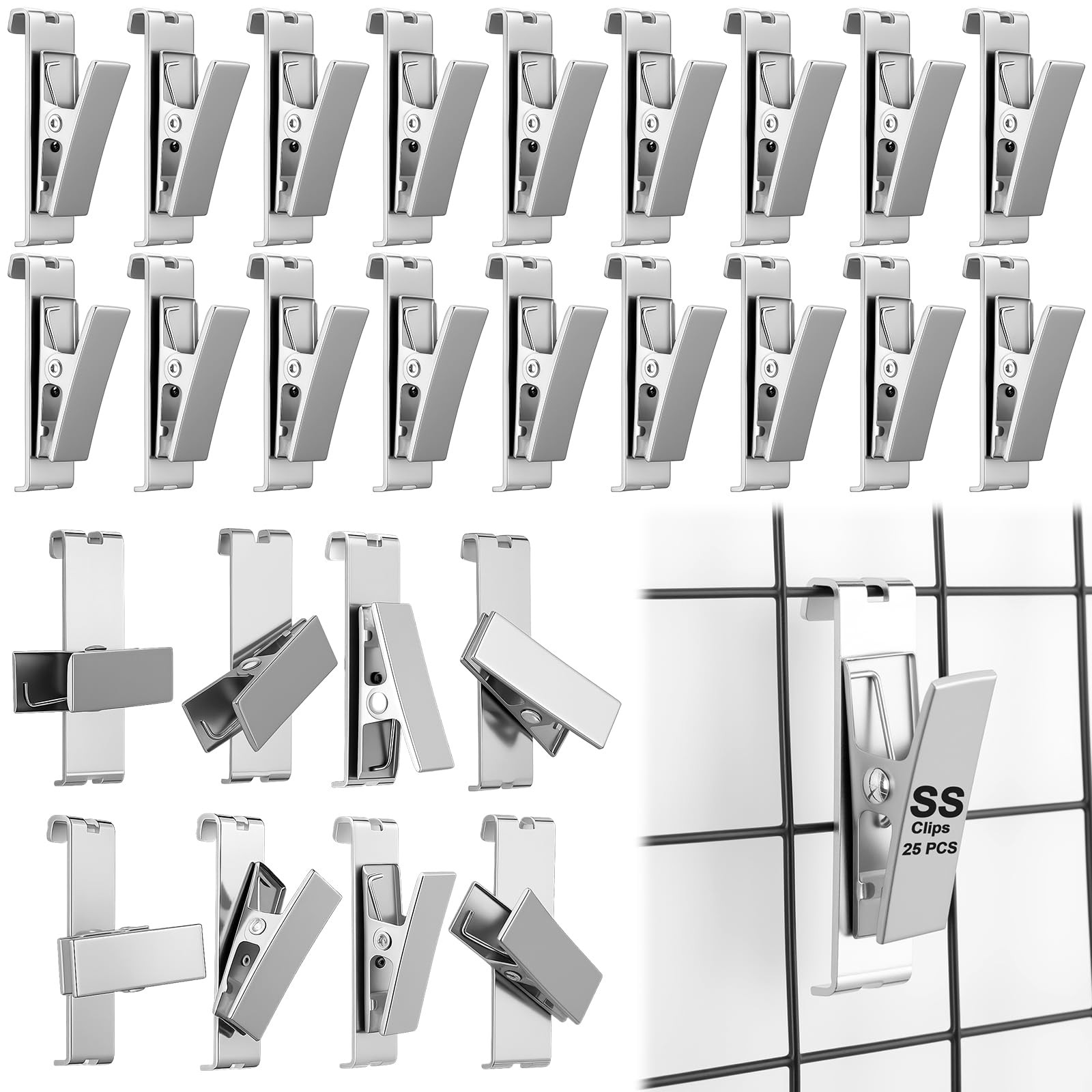 25 PCS 2 Inch Stainless Steel Metal Clips For Gridwall Rotatable Organization