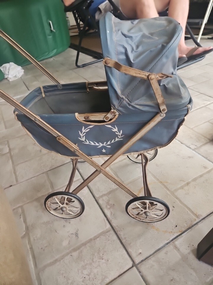 Vintage Baby Doll Carriage Stroller Pram Blue Foldable 