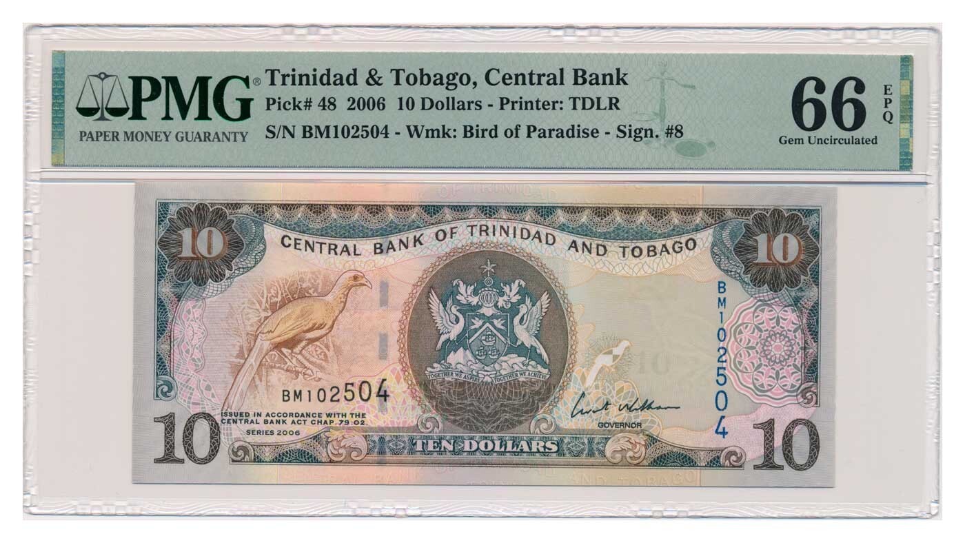 TRINIDAD & TOBAGO banknote 10 Dollars 2006 PMG MS 66 EPQ Gem Uncirculated