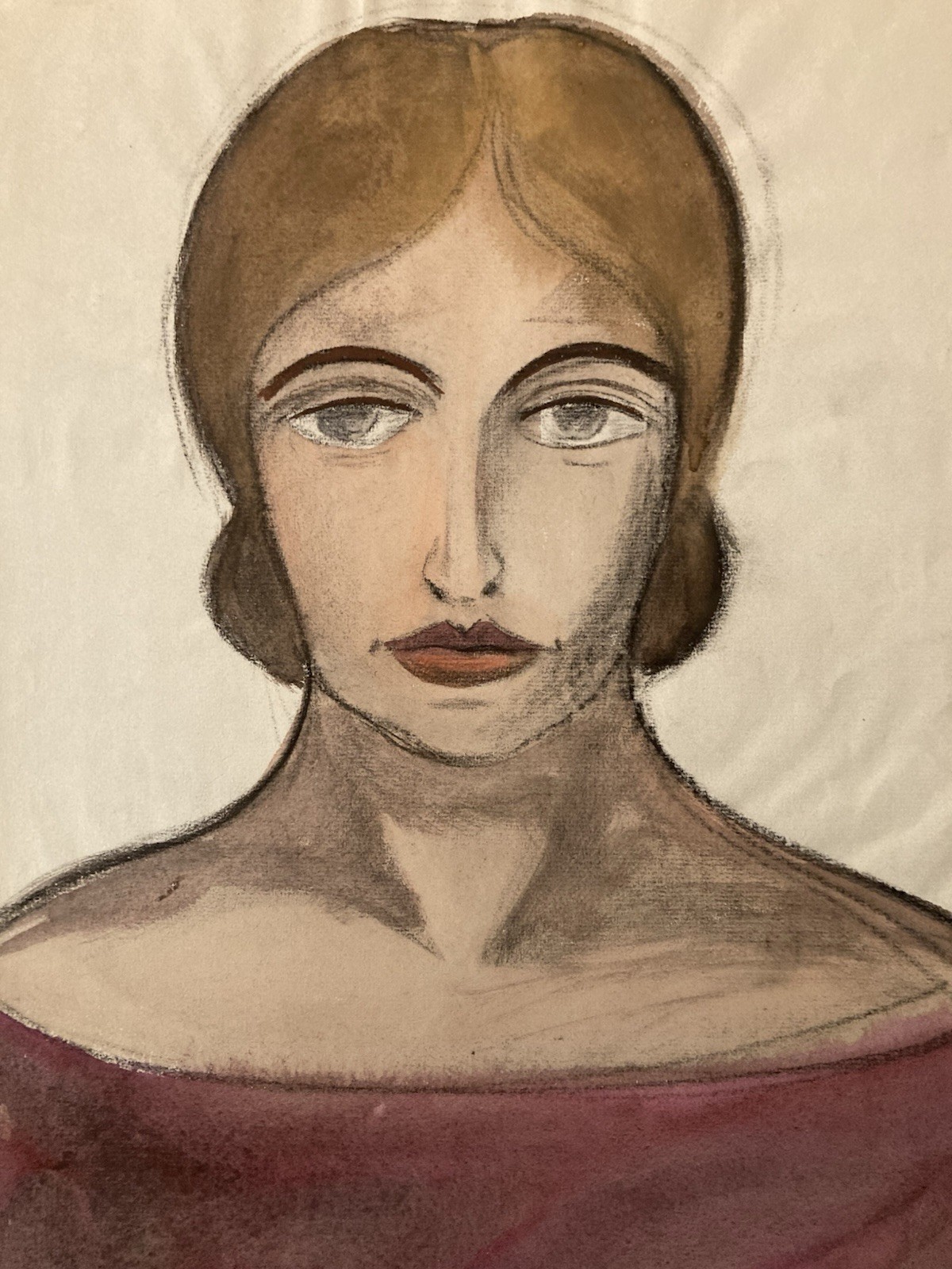 Large Gouache Drawing On Paper Woman 1950 Portrait Painting To Identify Antique