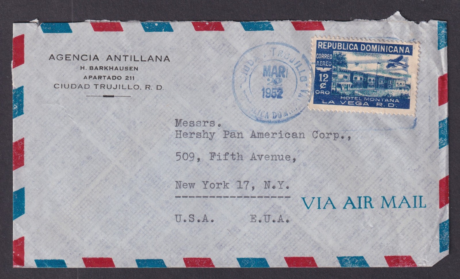 Dominican Republic 1952 Air Mail Cover Ciudad Trujillo to New Yorl USA