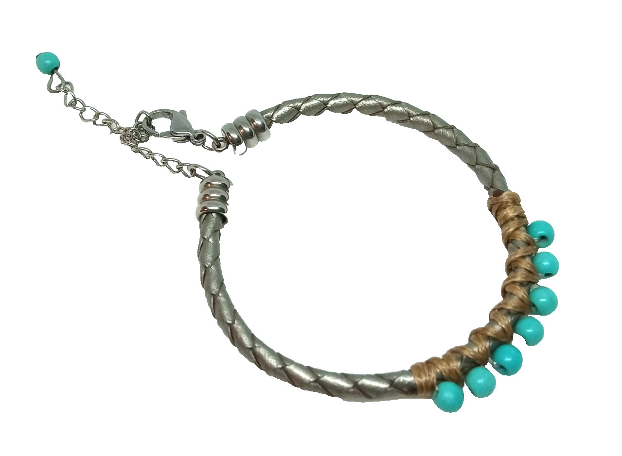 Turquoise And Silver Adjustable Braided Beaded Bracelet Southwestern
