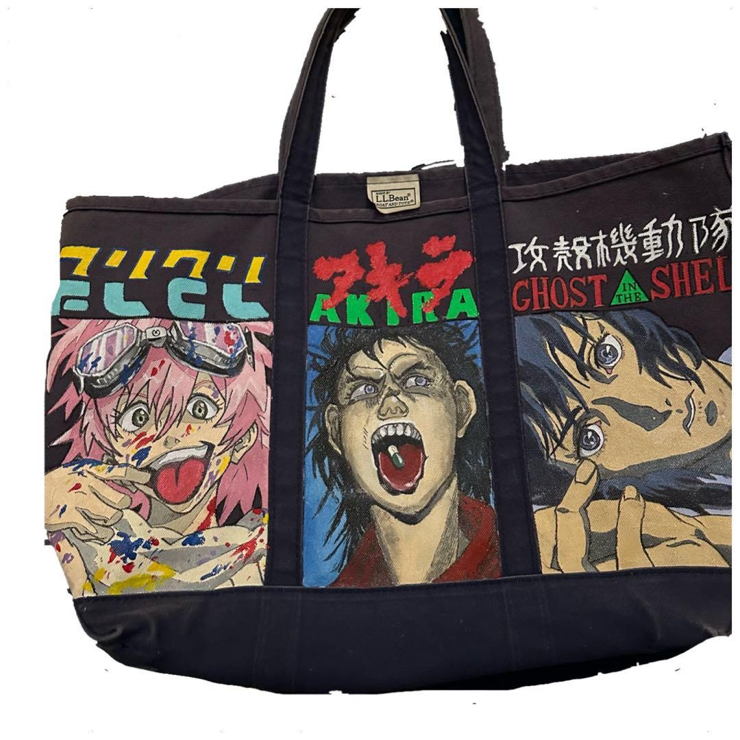L.L.Bean Tote Bag L Navy Hand-Painted Anime Character Custom 90s/00s Used