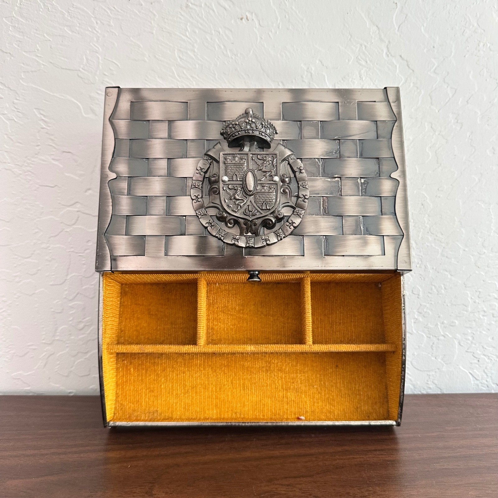 Vintage Ornate Metal Jewelry Trinket Box Crest Basket Weave Japan Storage