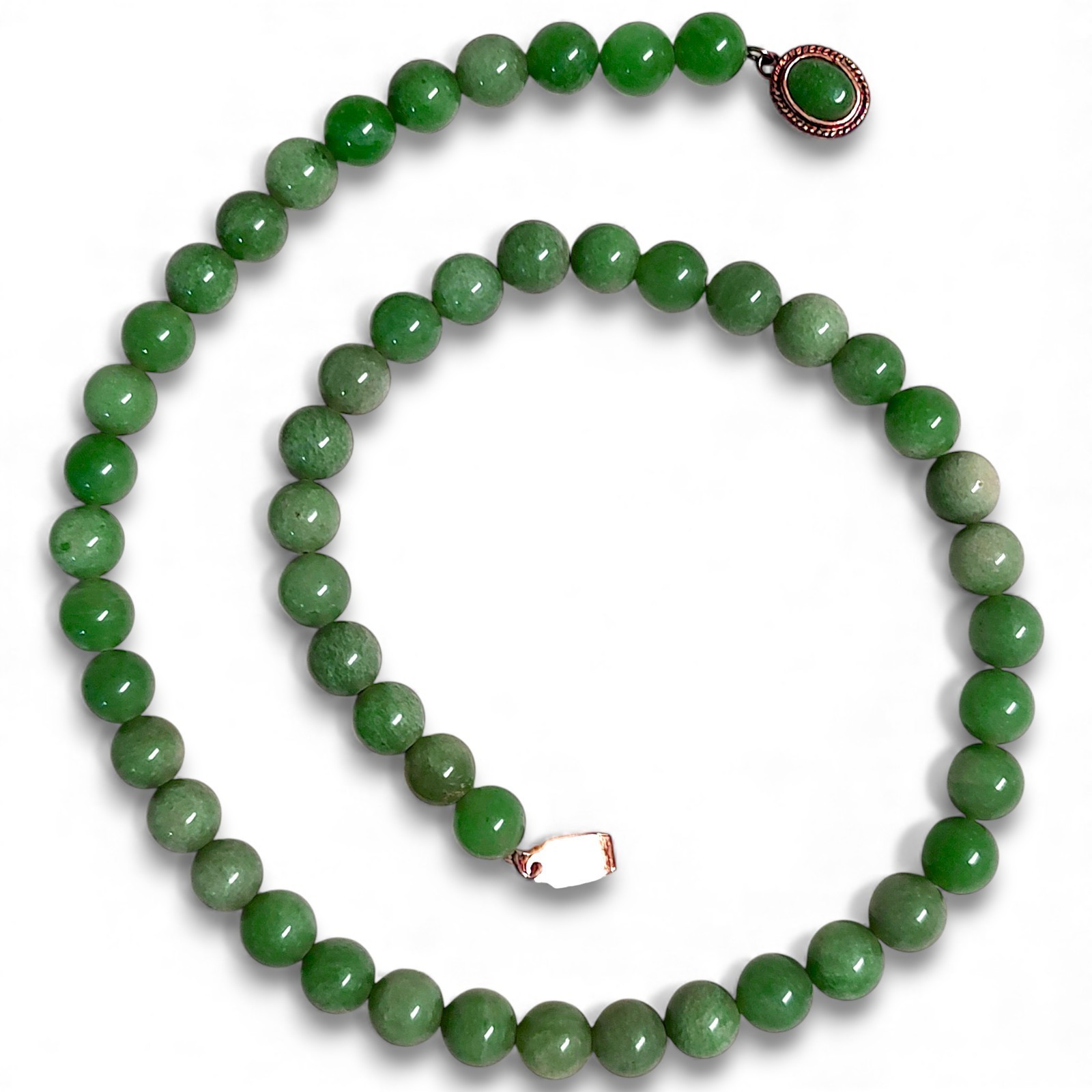 Vintage Hand Strung Green Aventurine Beaded Necklace w/ Ornate Box Clasp 17"